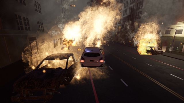 A getaway car tears past burning wrecks at dusk
