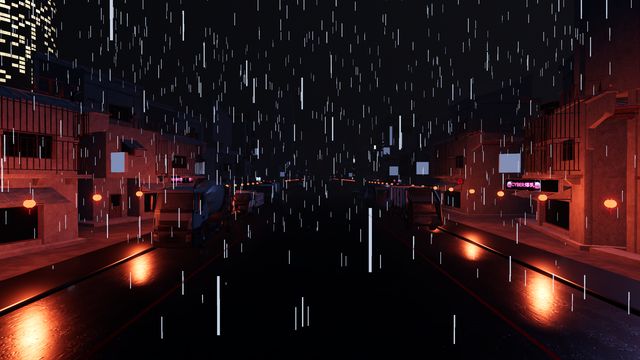 Rain on a lantern-lit neon street at night
