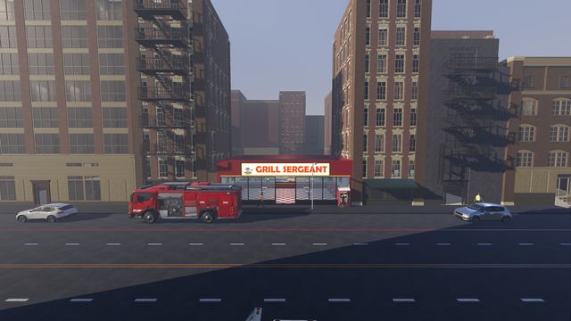 A Grill Sergeant restaurant with a fire engine parked out front