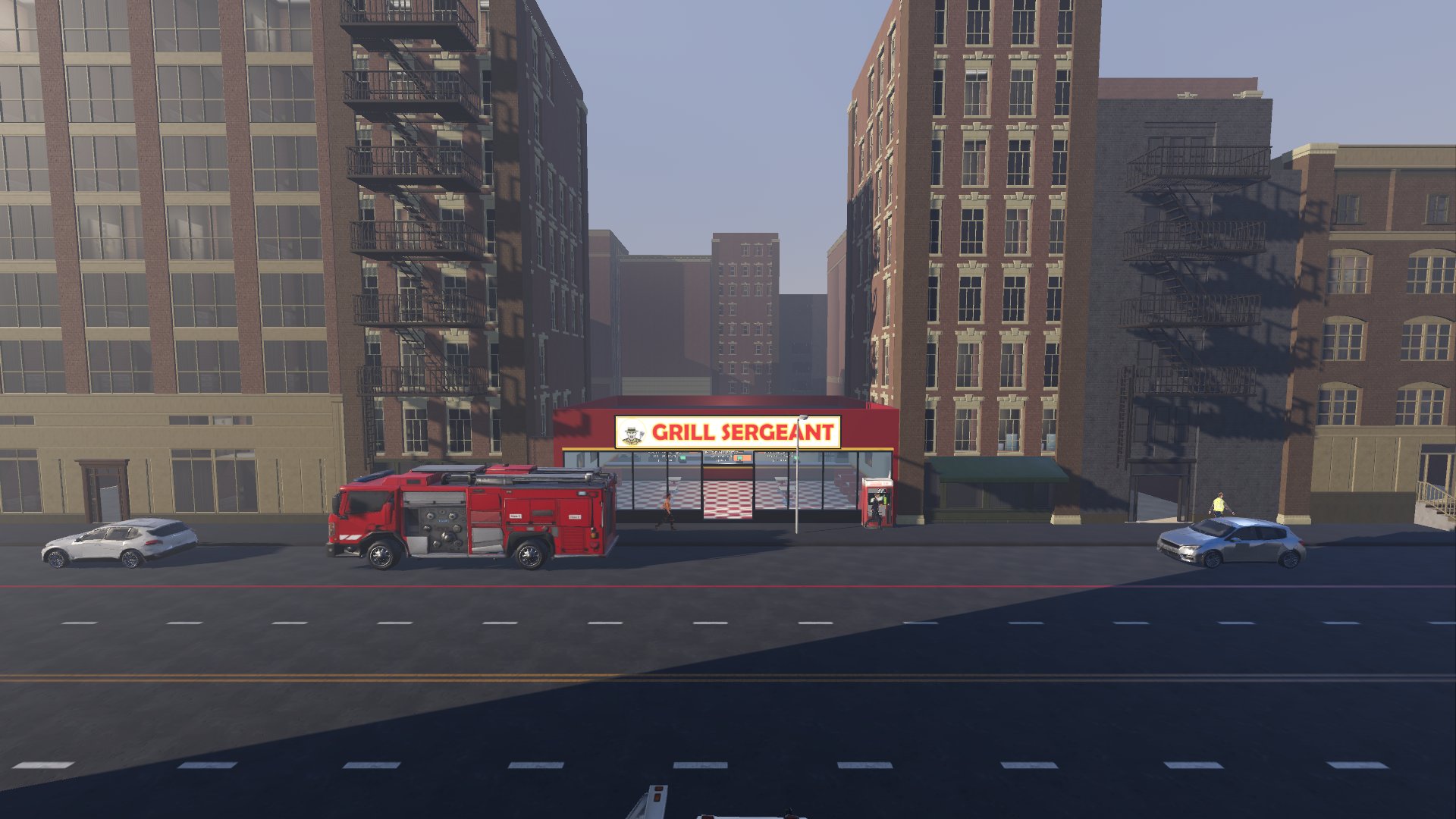 A Grill Sergeant restaurant in Meridian City, a fire engine out front