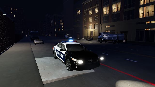 A police cruiser, lights on, pulled up on a dark street