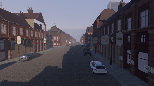 A cobbled Victorian street lined with hanging shop signs