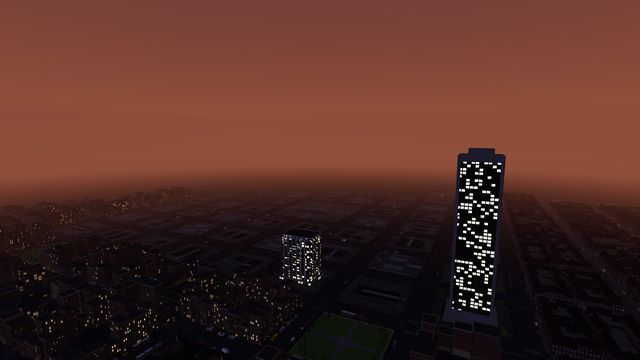 Meridian City at dusk, seen from above